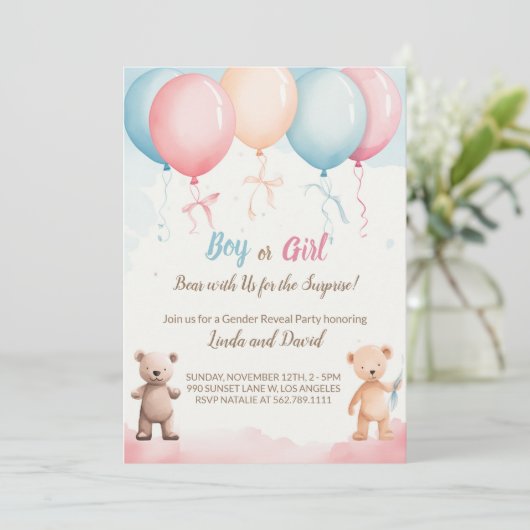 Hij of zij: Teddy's Gender Reveal Party Uitnodigin Kaart (Staand voorkant)