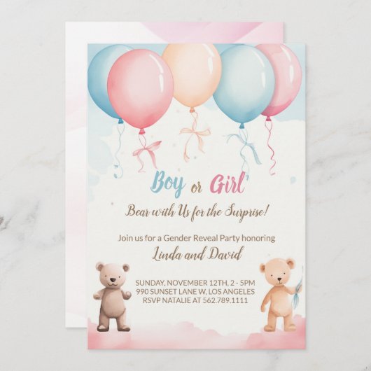 Hij of zij: Teddy's Gender Reveal Party Uitnodigin Kaart (Voorkant / Achterkant)