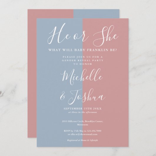 Hij of zij wat wordt Baby gender reveal party Kaart (Voorkant / Achterkant)