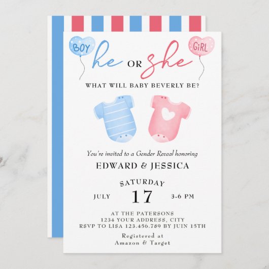 Hij of zij wat zal Baby zijn blauw roze minimaal S Kaart (Voorkant / Achterkant)