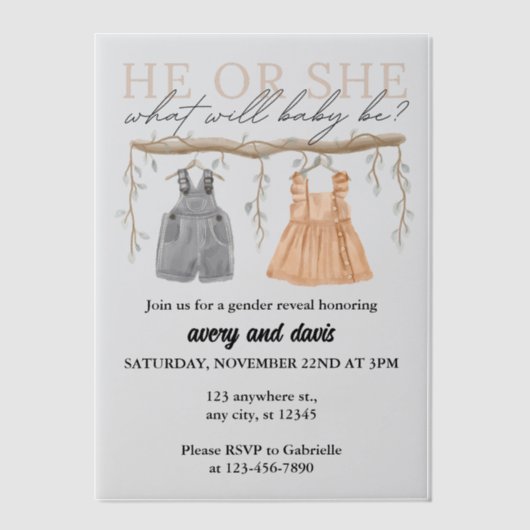 Hij of zij, wat zal baby zijn | Boho Vellum Uitnodigingen (Voorkant)