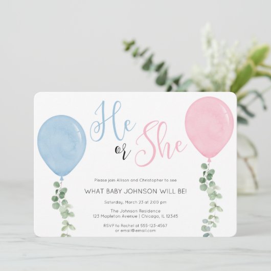 Hij of zij Waterverf Ballonsekse onthult feest Kaart (Staand voorkant)