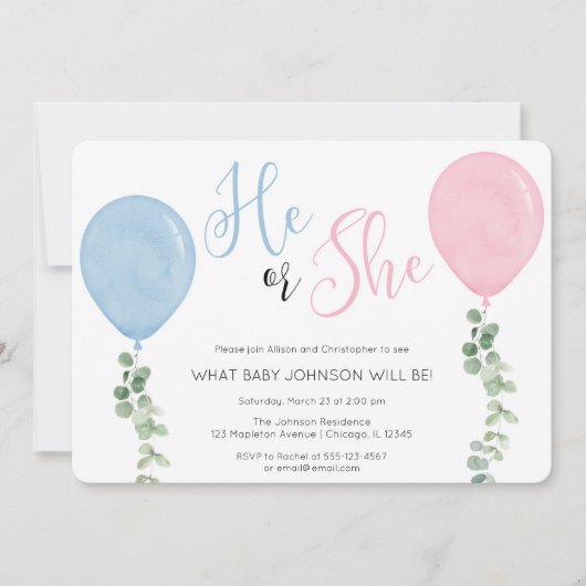 Hij of zij Waterverf Ballonsekse onthult feest Kaart (Voorkant)