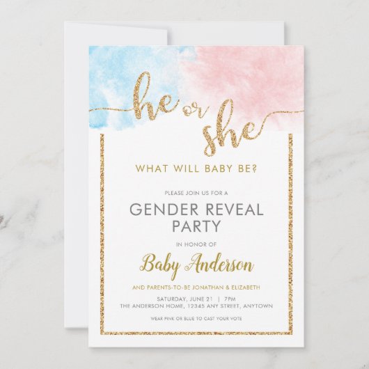 Hij of zij Waterverf Gold Glitter Gender onthullin Kaart (Voorkant)