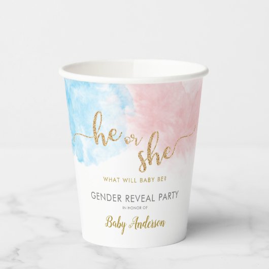 Hij of zij Waterverf Gold Glitter Gender onthullin Papieren Bekers (Links)