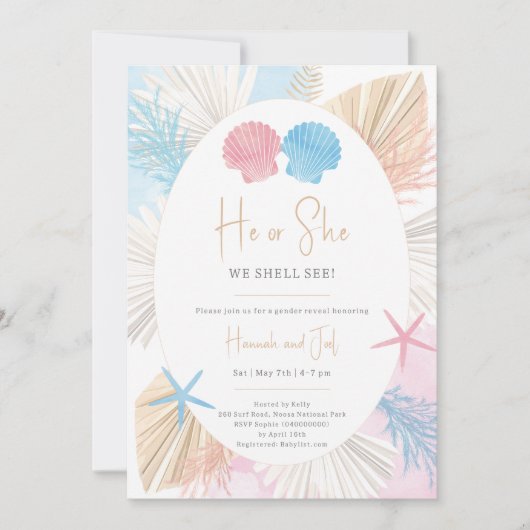 Hij of zij We Shell Zie Baby Gender Reveal-uitnodi Kaart (Voorkant)
