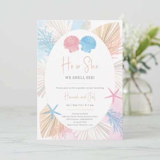 Hij of zij We Shell Zie Baby Gender Reveal-uitnodi Kaart (Staand voorkant)