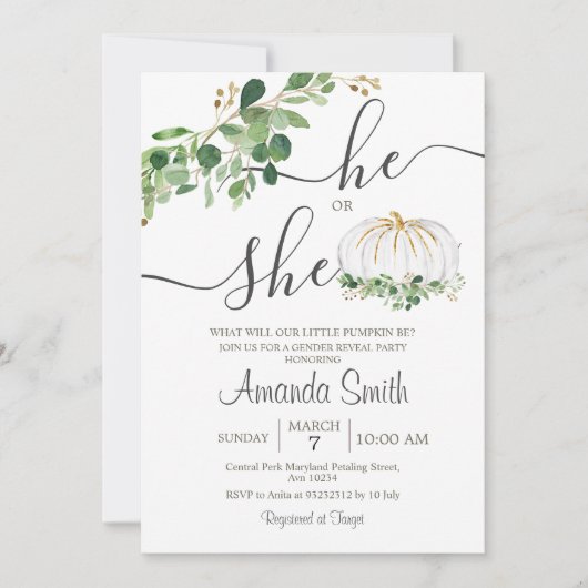 Hij of zij White Pumpkin Gender onthulling Kaart (Voorkant)