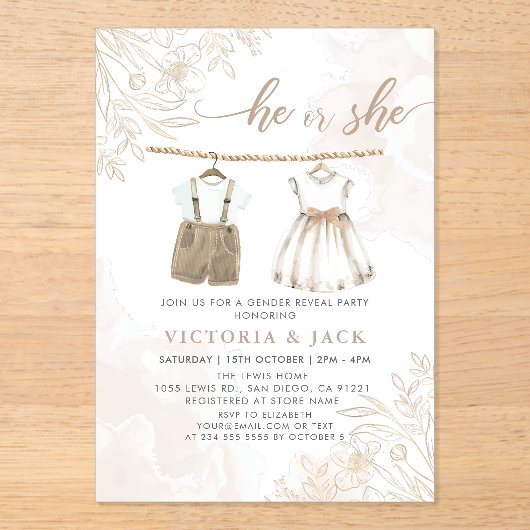 Hij of zij Wildflower Baby kleding Geslacht onthul Acryl Uitnodigingen (Voorkant)