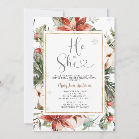 Hij of zij Winter Kerstmis Bloemen Geslacht Onthul Kaart (Voorkant)