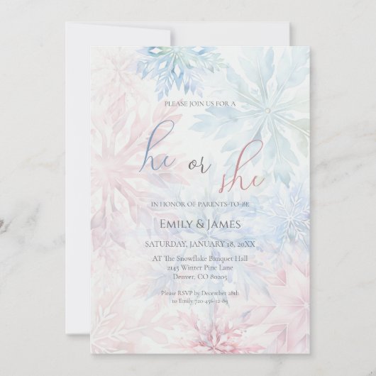 Hij of zij Winter Pink Blue Snowflake Gender Party Kaart (Voorkant)