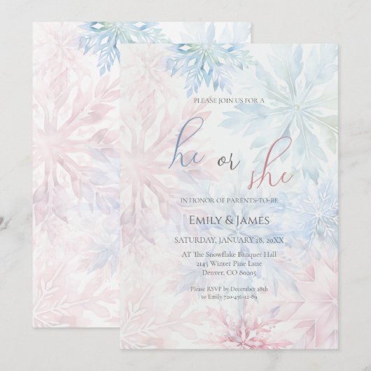 Hij of zij Winter Pink Blue Snowflake Gender Party Kaart (Voorkant / Achterkant)