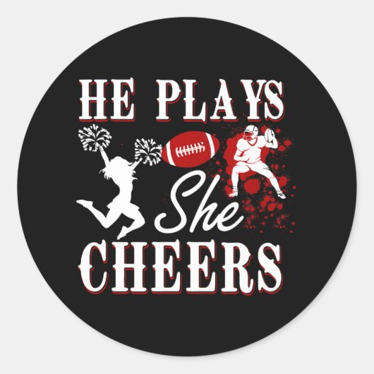 Hij speelt ze juicht Football speler Cheerleader Ronde Sticker (Voorkant)