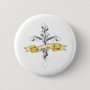 Hij stierf voor ons Floral Cross Ronde Button 5,7 Cm