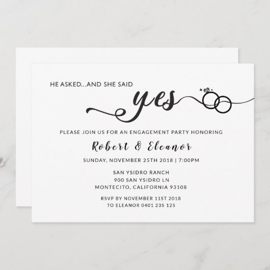 Hij vroeg en ze zei ja Verloving uitnodiging (Voorkant / Achterkant)