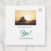 Hij vroeg haar ja foto geëngageerd blauw groen bedankjes labels (Achterkant)