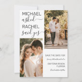 Hij vroeg haar ja White Black Photo Weddenschap te Save The Date (Voorkant)
