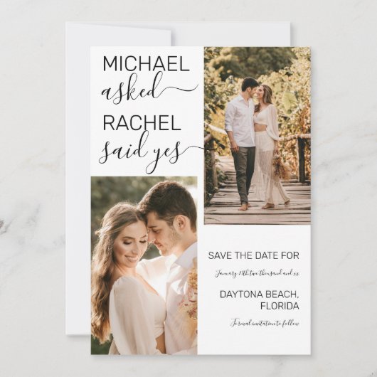 Hij vroeg haar ja White Black Photo Weddenschap te Save The Date (Voorkant)