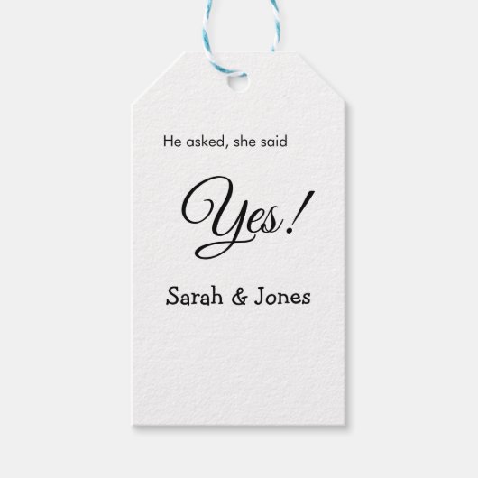Hij vroeg ze zei ja bruiloft eenvoudig minimaal cadeaulabel (Voorkant)