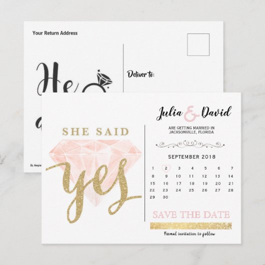 Hij vroeg, ze zei ja Gouden Glinstering en Roze Di Briefkaart (Voorkant / Achterkant)