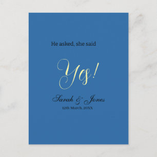 Hij vroeg ze zei ja verlovingsfeest eenvoudig blau briefkaart