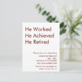 Hij werkte en bereikte zijn pensionering op maat briefkaart (Staand voorkant)