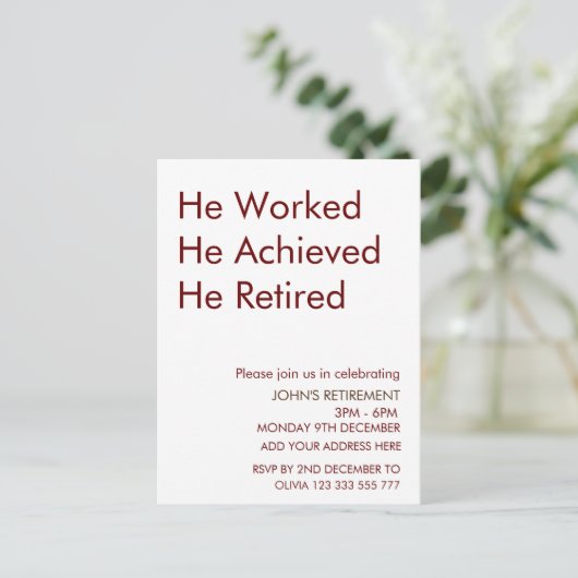 Hij werkte en bereikte zijn pensionering op maat briefkaart (Staand voorkant)