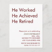 Hij werkte en bereikte zijn pensionering op maat briefkaart (Voorkant)