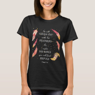 Hij zal u met Zijn Christen van Veren omvatten T-shirt