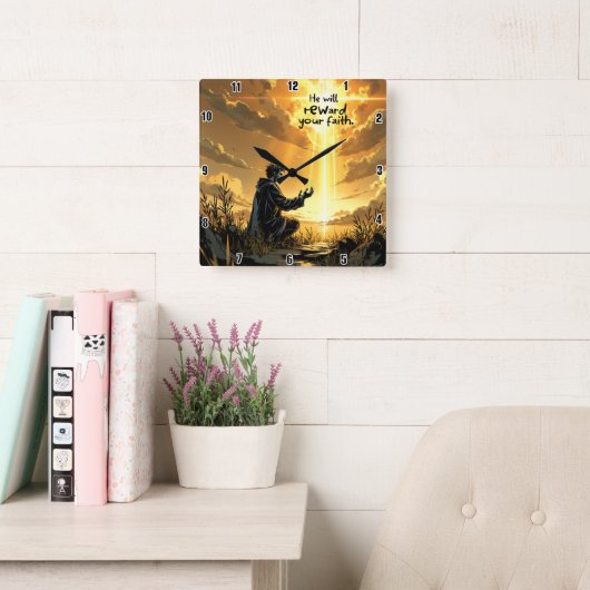Hij zal uw geloof belonen vierkante klok (Leeskamer)