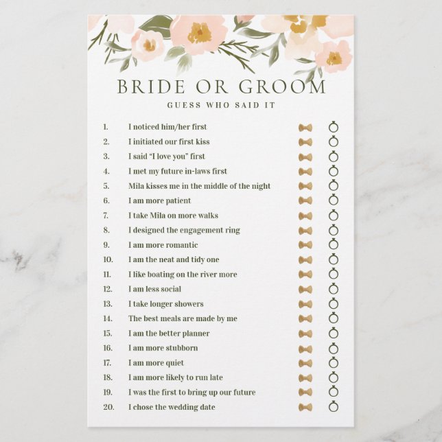 Hij zei dat ze blush Pink Floral Bridal Game zei (Voorkant)