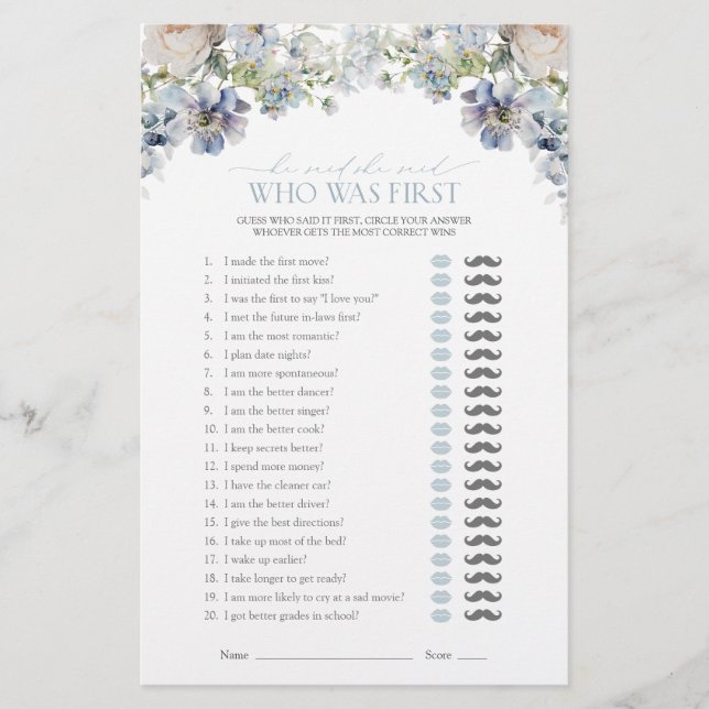 Hij zei dat ze Dusty Blue Floral Shower Game zei (Voorkant)