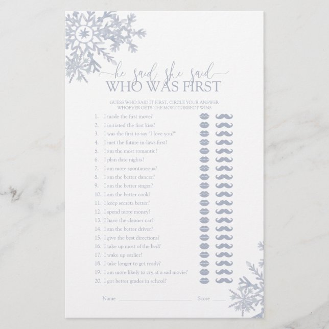 Hij zei dat ze Dusty Blue Snowflake Shower Game ze (Voorkant)