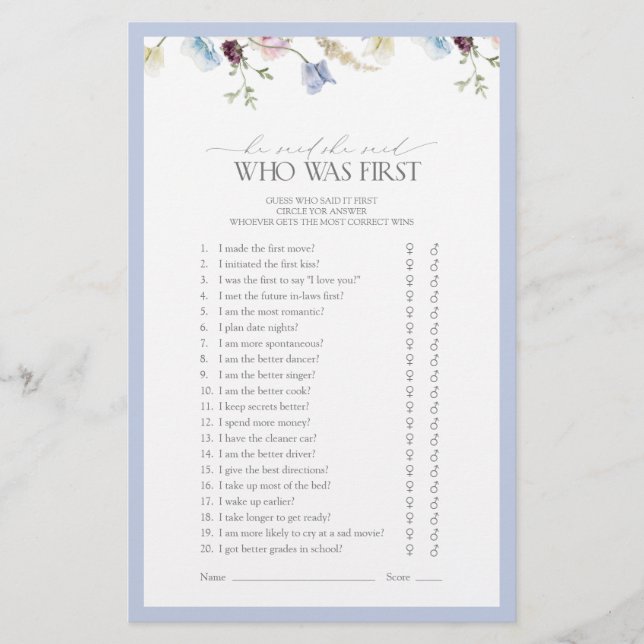 Hij zei dat ze Dusty Blue Wildflower Shower Game z (Voorkant)