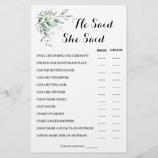 Hij zei dat ze Eucalyptus CoupleShower Game Card z Flyer (Voorkant)