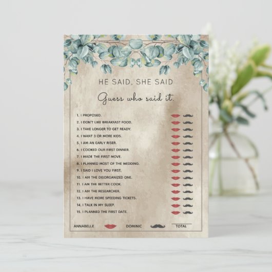  Hij zei dat ze Eucalyptus Vrijgezellenfeest Game  Kaart (Staand voorkant)