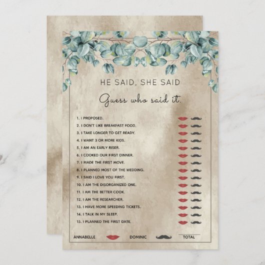  Hij zei dat ze Eucalyptus Vrijgezellenfeest Game  Kaart (Voorkant / Achterkant)