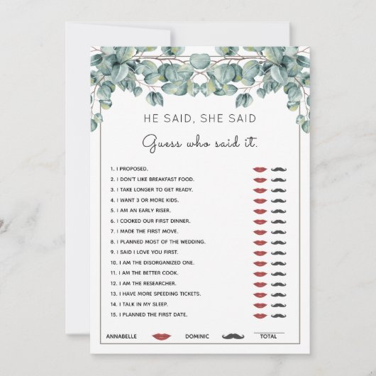 Hij zei dat ze Eucalyptus Vrijgezellenfeest spel i Kaart (Voorkant)