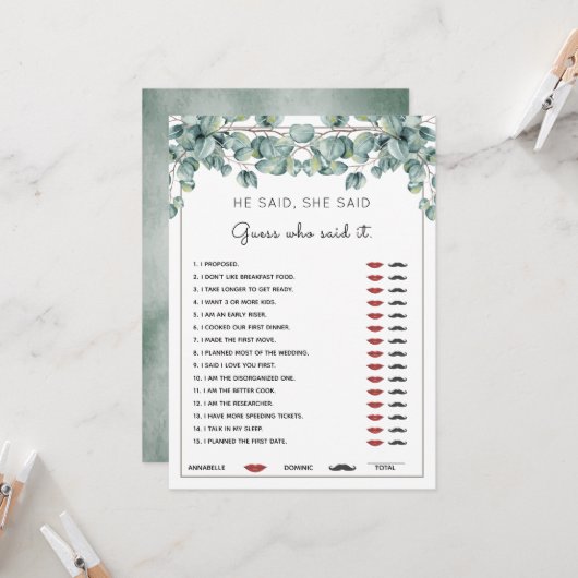 Hij zei dat ze Eucalyptus Vrijgezellenfeest spel i Kaart (Voorkant / Achterkant in situ)