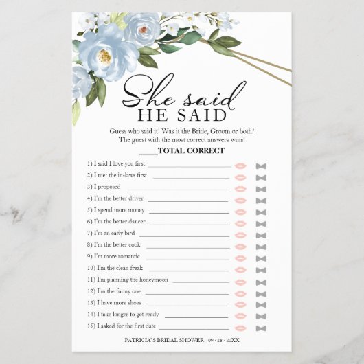 Hij zei dat ze Game Dusty Blue Vrijgezellenfeest z Flyer (Voorkant)