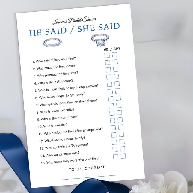 Hij zei dat ze Game Kaart zei: Blauw Vrijgezellenf (Bridal Shower Game Sheet)