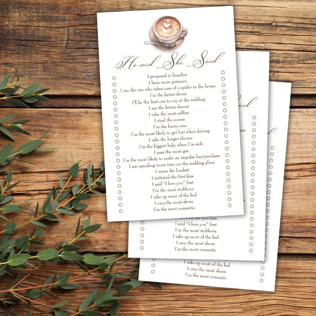 Hij zei dat ze koffie herfst vrijgezellenfeest spe (He said she said love is brewing coffee cappuccino fall bridal shower games)