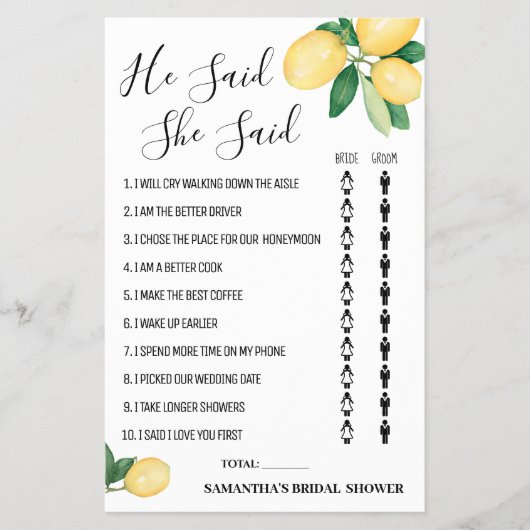 Hij zei dat ze Lemon Vrijgezellenfeest Game Kaart  (Voorkant)