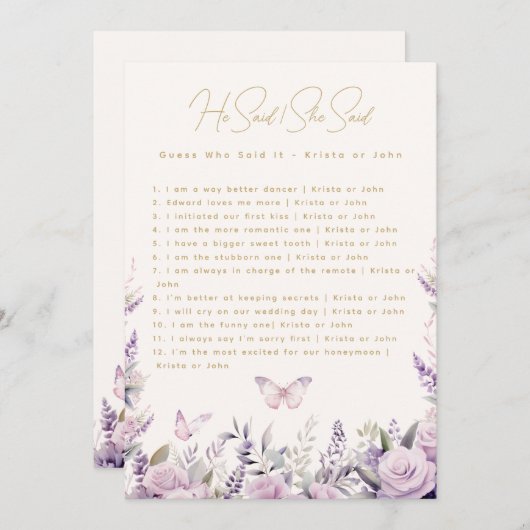 Hij zei dat ze Trivia Butterflies bruidsspel zei Kaart (Voorkant / Achterkant)