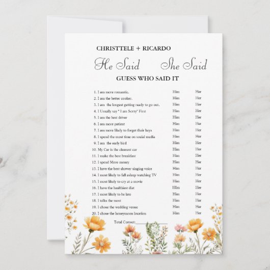 Hij zei dat ze Vrijgezellenfeest spelkaart zei Aankondiging (Voorkant)