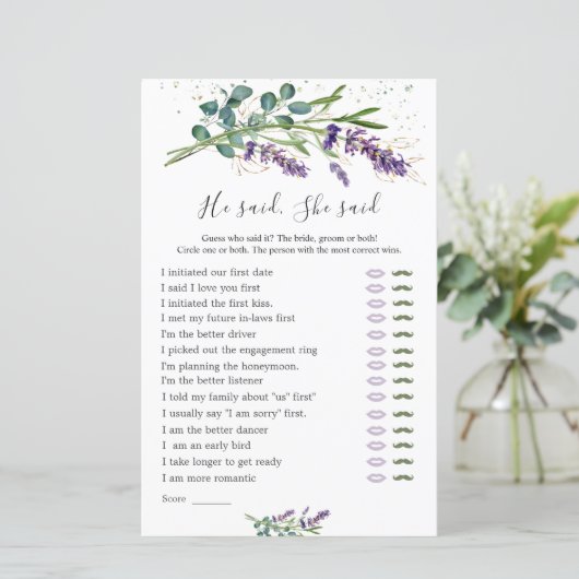 Hij zei dat ze zei bruidsspel, lavendel eucalyptus (Staand voorkant)