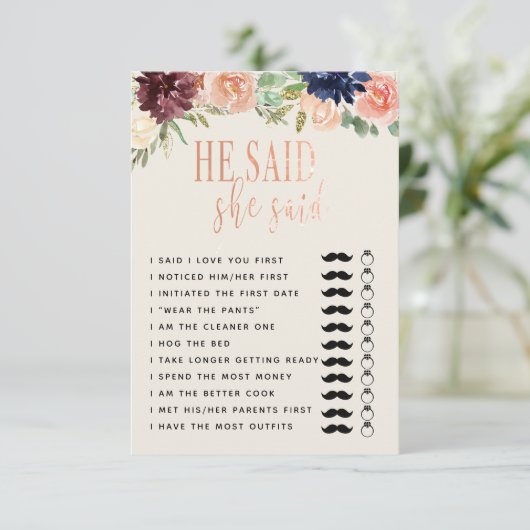 Hij zei dat ze zei bruiloft/verloving Game Copy Kaart (Staand voorkant)