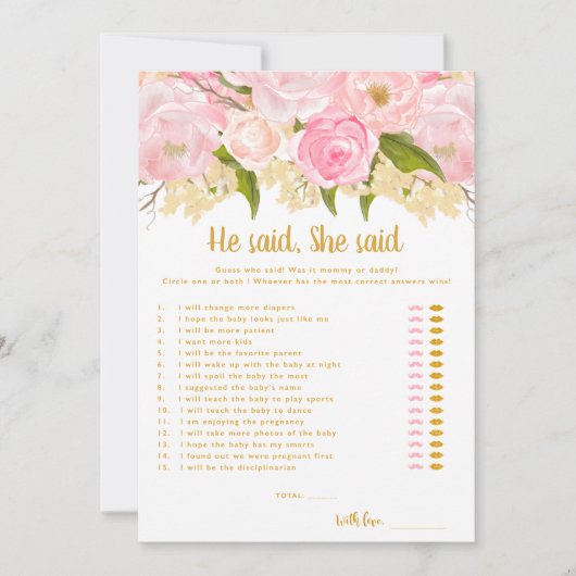 Hij zei dat ze zei dat Baby shower Kaart games spe (Voorkant)