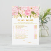 Hij zei dat ze zei dat Baby shower Kaart games spe (Staand voorkant)