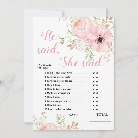 Hij zei dat ze zei dat Floral Bridal Game Kaart (Voorkant)